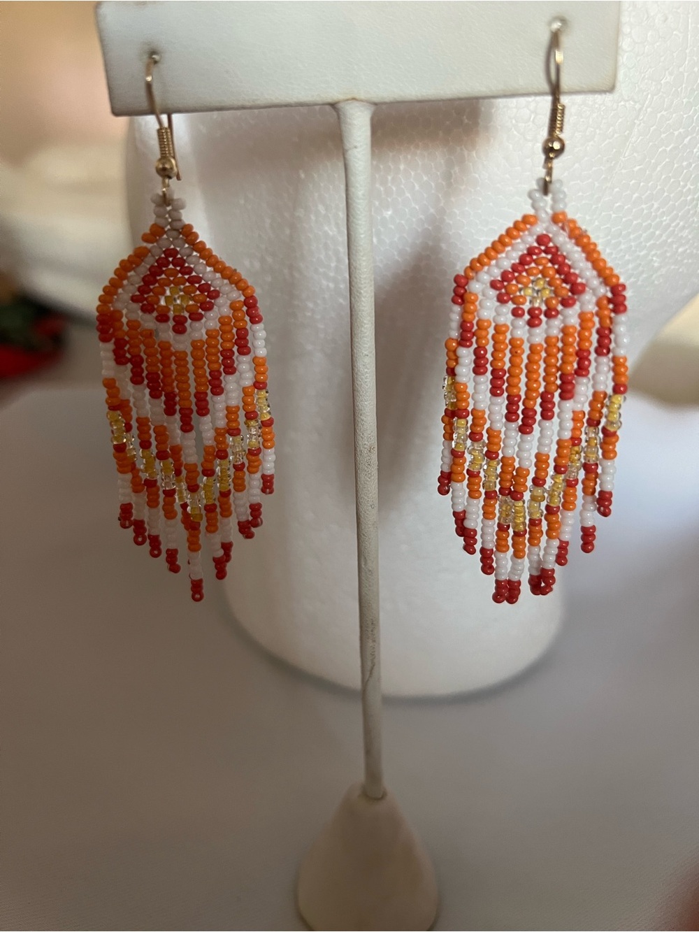 Beaded Fringe Earrings in White, Orange & Red